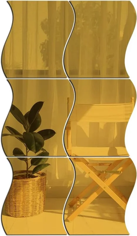 3D Acrylic Wavy Wall Stickers, 6-pack Gold, 25x30cm, Self-Adhesive Mirror Effect for Home Living Room