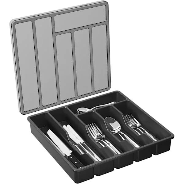 Förvaringslåda för bestick med lock, bestickbricka med lock, besticklåda, sked-, gaffel- och knivhållare, 6 fack.