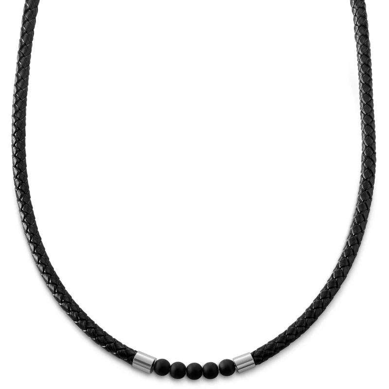 Tenvis | 5 mm Silver-tone Onyx Leather Necklace for Men - Leather necklaces