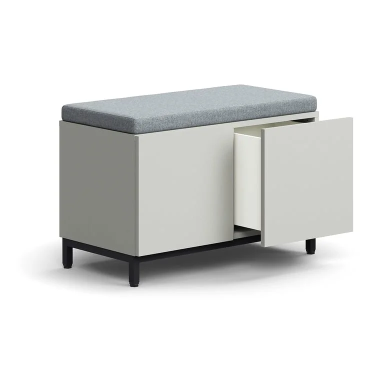 Drawer storage bench QBUS, leg frame, push-open, 534x800x420 mm, black, light grey, grey cushion