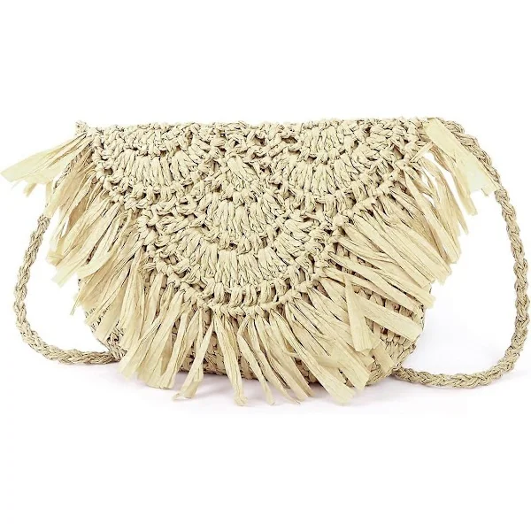 Straw Bag for Women Straw Crossbody Bag Summer Beach Bag Tassel Woven Handmade Purse for Summer Vacation (Beige)