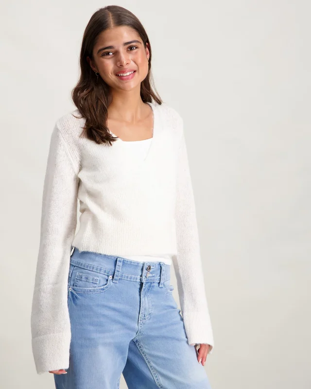 Gina Tricot Young Y v-neck knitted sweater Vit Tröjor Tjej - Kids Brand Store