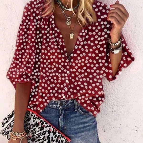 Rød Dame Skjorte i Chiffon med Knapper, Casual Sexet Bluse, Dyb V-udskæring, Løse Toppe Rød XL Rød XL