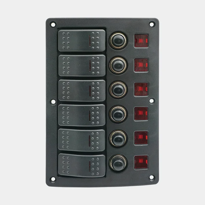 Strømafbryderpanel / sikringspanel 1852-Marine, 12 V (20 A) / 24 V (10 A), 6 afbrydere, med automatsikringer