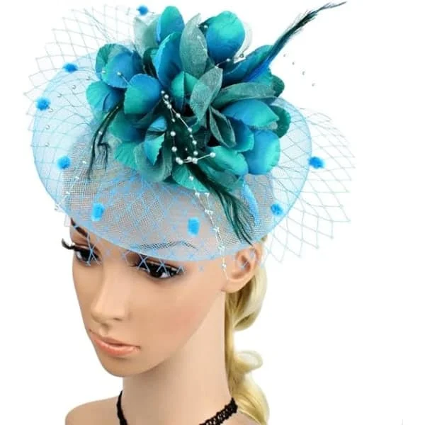 Damer Fascinator Pillbox Hatt Kvinner Blomst Bowler Hatt Fjær Bryllup Cocktail Hatt Hårklemme Party Hatt Hårtilbehør med Hårbøyle Lake Blue