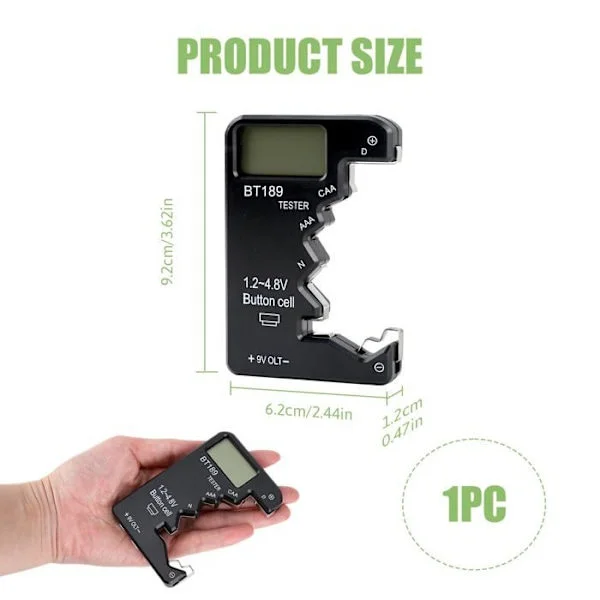 Mini Digital Batteritestare, ABS Universal Batteritestare med Högupplöst LCD-skärm för Typer D CAA N LR44 9V 6F22