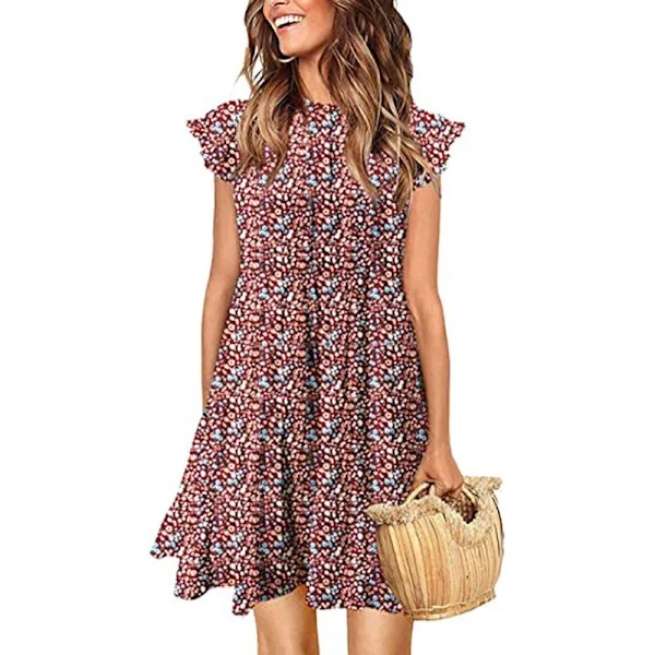Women's Summer Dress, Sleeveless Ruffles Round Neck Mini Dress Solid Color oose Fit Short Flowy Pleated Dress,,
