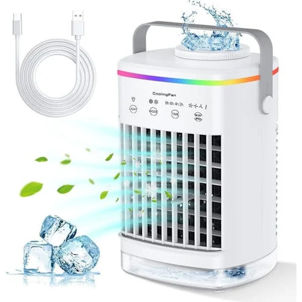 Portable Air Conditioner with Fan and Lighting - Small Air Cooler with Humidification Function, 4 Speeds
