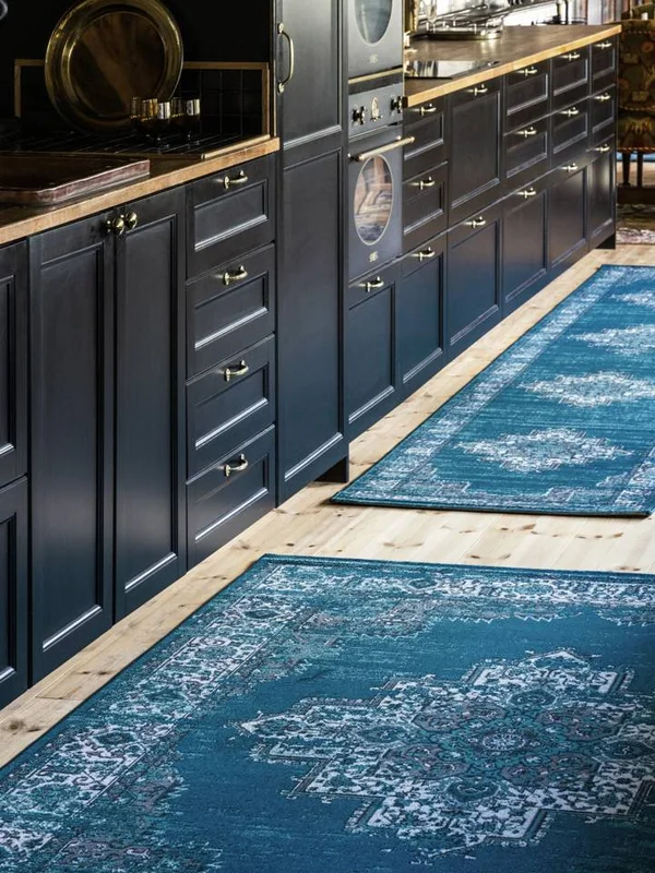 Vintage Vega 80X400 Petit Bleu Foncé/Turquoise Médaillon Couloir Tapis