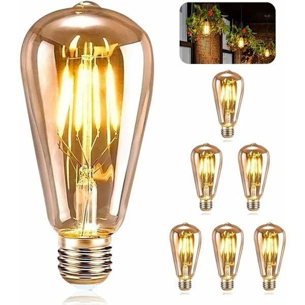 Vintage E27 -lamput, 6 LED Edison E27 ST64 Retro Koristevalot, Antiikkityyliset 4W Lämpimän Keltaiset Filamenttilamput Ravintoloihin, Kahviloihin ja 