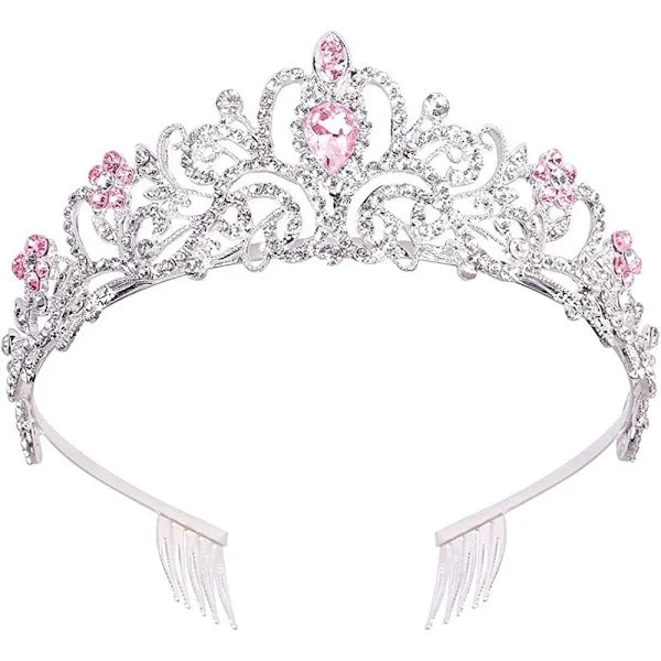 Krona huvudbonad, prinsesskrona, Rairsky damkrona, flickkrona, damsilverkrona, rosa kristallkrona, kristallkrona med kam, kristall {EE}
