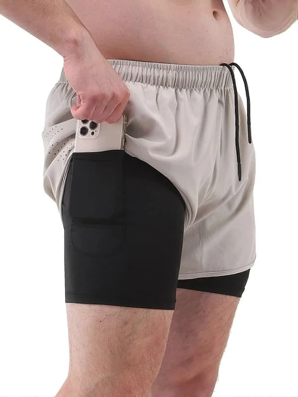 Herre Sportsshorts med Fôr 2-i-1 og Lommer, Hurtigtørkende Løpeshorts for Sykling og Trening -Sy -Sy Beige Beige Small