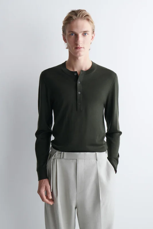 COS Men's Slim Merino Wool Henley Top in Green