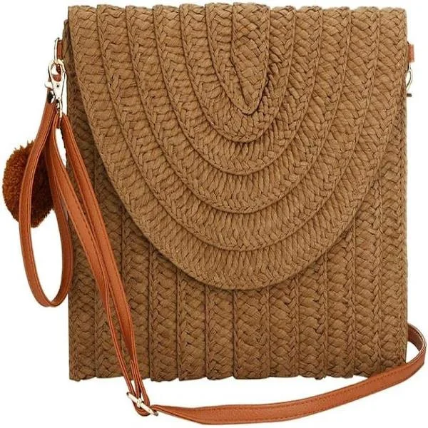 Women's Straw Clutch Bag, Summer Straw Shoulder Bag Woven Rattan Handbag Bags Beach Shoulder Bag Tote Handbag Dark Brown