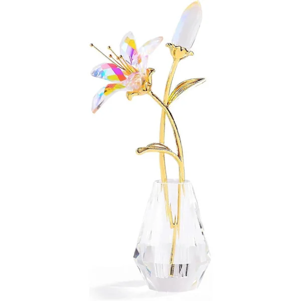 Crystal Flower Figurine Lily Flower Collectible Gifts for Women, Glass Lilium with Crystal Vase Metal Stem for Home Wedding Party Decor Clear