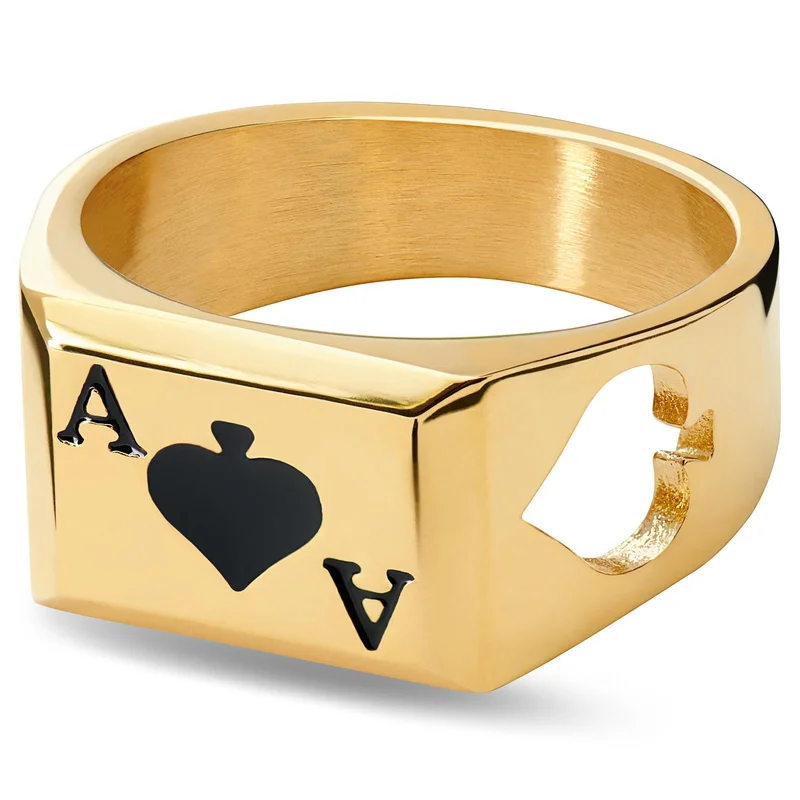 Ace | Anillo sello de as de picas dorado para hombres - Anillos tipo sello