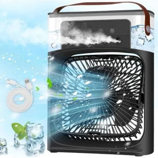 Bærbar mobil aircondition, mini luftkøler, mini aircondition ventilator, luftkøler ventilator med 3 hastigheder, timer, 7 LED-lys, tågetilstande (D)