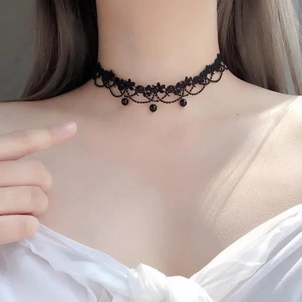 Vintage blonde choker halskæde sort gotisk blonde mønster halskæde punk kvast sort perle perle vedhæng choker prinsesse B