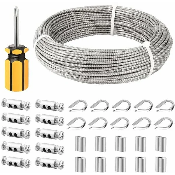 3mm Stainless Steel Wire Rope, 50M/3mm Stainless Steel Cable, Coated Steel Wire with Clamps, Stainless Steel Thimbles, M3 Sleeves