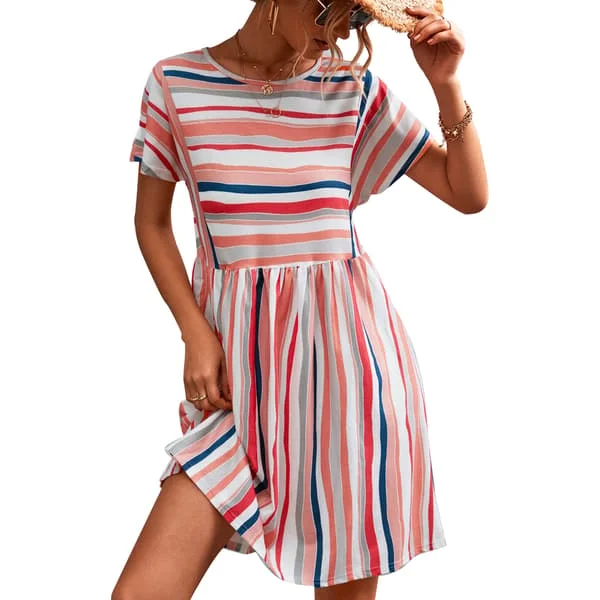 Dam Kortärmad Klänning Randig Tryckt Rund Hals Casual Stil Lös Klänning för Sommar Orange Rosa M