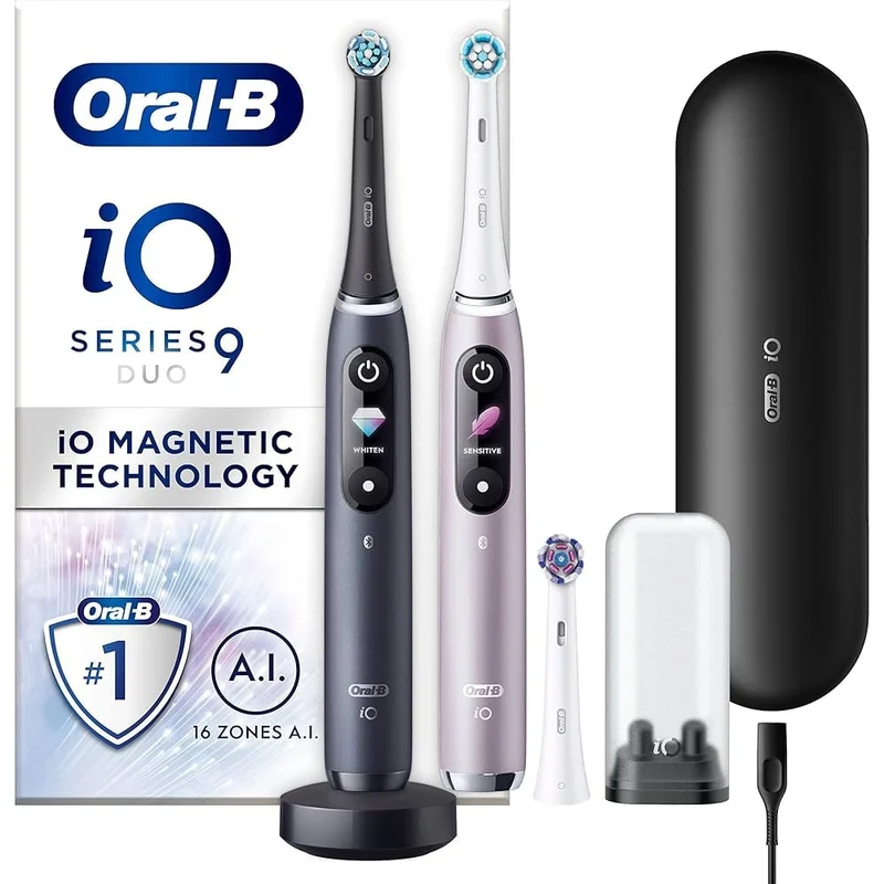 Oral-B iO9 Duo Pack elektrisk tannbørste svart/rosé / eltannbørste med AI / 3D-sporing / 7 børstemoduser