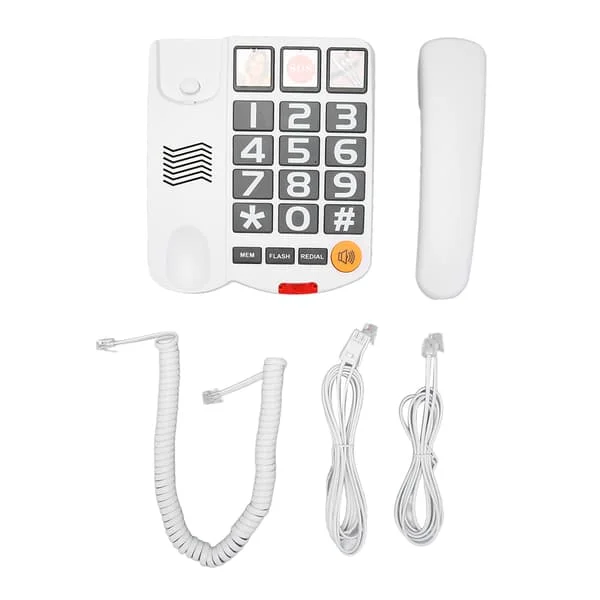 Telefon med store knapper, ett-trykks oppringing, håndfri fasttelefon med høyttaler for eldre, hvit