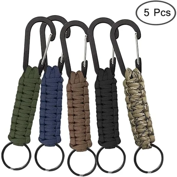 5-pak Paracord nøglering med karabinhage, flettet snor til nøgle