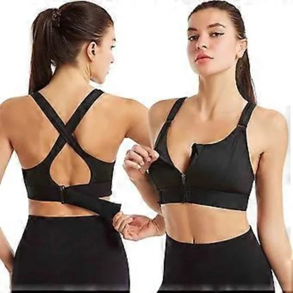 Sports-BH med høj støtte til kvinder, lynlås foran, plus size, polstret yoga push up vest (XXL sort)