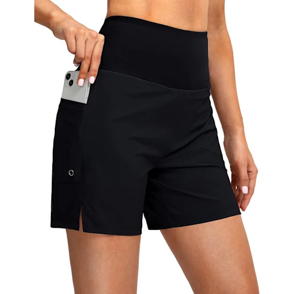dual Dame 5" Højtaljede Svømme Board Shorts med Telefonlommer UPF 50+ Hurtigtørrende Svømmeshorts til Kvinder med Liner Sort Medium