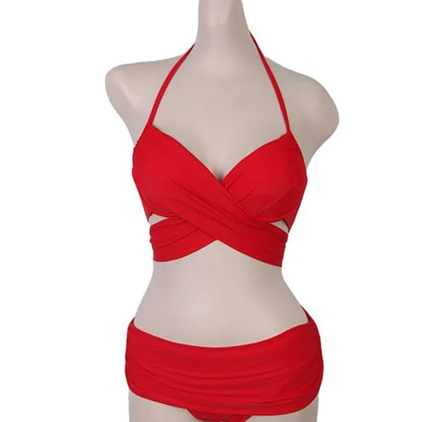 Kvinnor Sexig 2-delad Ruched Bikini Set Halter Criss för Cross Wrap Underwire Baddräkt