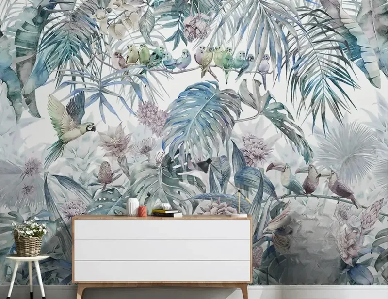 AliExpress - Papier peint 3D avec fleurs nordiques et oiseaux, plantes tropicales, murale de perroquet de la jungle, papiers peints idéaux pour le 