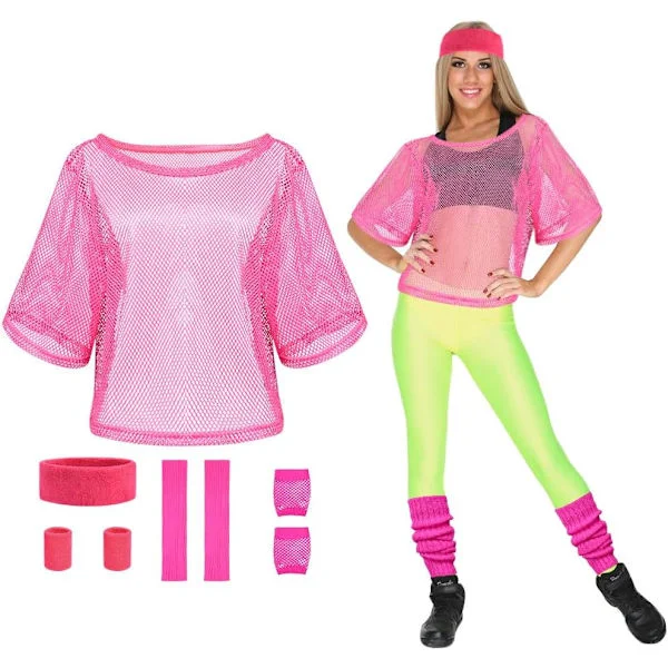 80-tals Neon Party Kläder Kostym Tillbehör Set, 1980-tals Retro Temafest Dekoration Outfit för Kvinnor Flickor Set - Rosrött Set - Rose Red One size