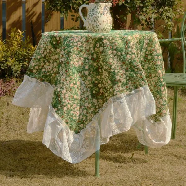 Vintage dug med flæse, rustik blomstret jacquard dug med blondekant, firkantet dekorativ dug (Type B, 35"x35")