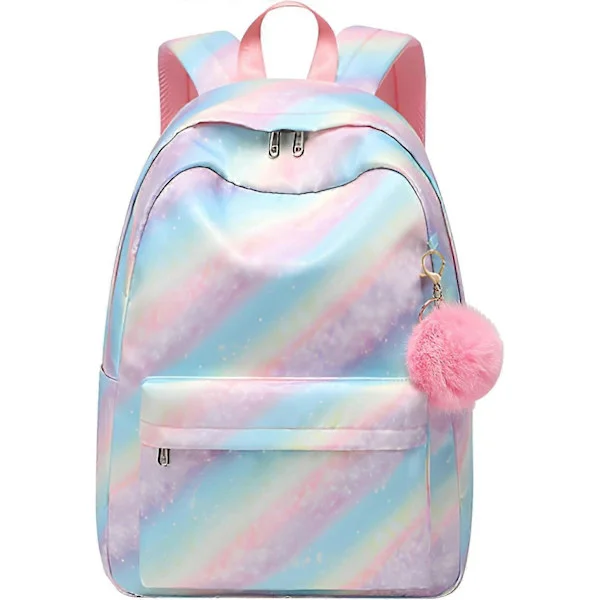School bag for girls and boys 8+, solid color backpack for 14-inch laptop, waterproof school bag for school trip, everyday backpack rainbow