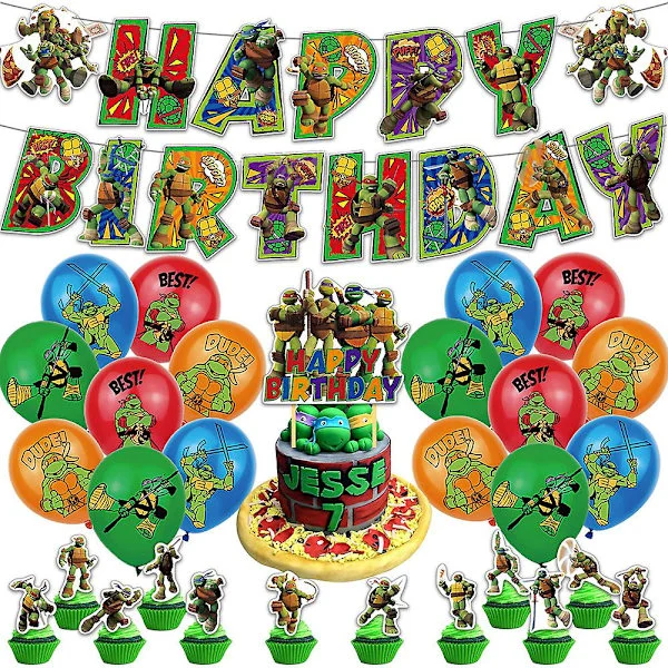 Teenage Mutant Ninja Turtles Cartoon Barnkalas Dekoration Ballongbanderoll Tårta Toppers Set Partytillbehör Kit Party Favor [DB]