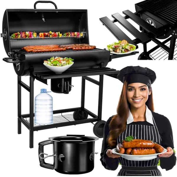 Trädgårdsgrill med kolgrill, 2 galler, asklåda och termometer
