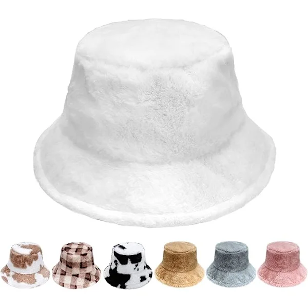 Winter Bucket Hat - Women's Fluffy Fisherman Hat Soft Faux Fur Winter Hat Fuzzy Furry Warm Hat Thick Wide Brim Plush Hat for Women Girls, White