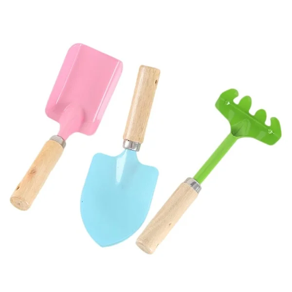 3 stk. Hageverktøy for barn i godterifarger, mini metallspade med solid trehåndtak, trygge hageverktøy, spade, rive, skuffe for barn, gutter og jenter