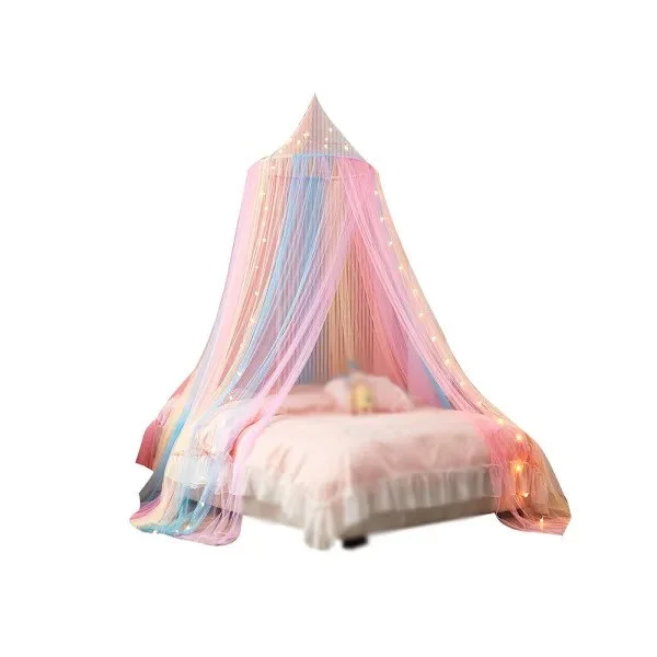 Regnbågs sänghimmel för flickor, sänghimmel med lampor, sänghimmel för flickrum, myggnät, dubbelsäng, enkelsäng, king size-säng