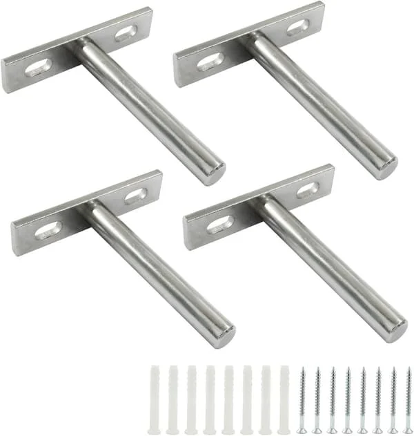 4 Hidden Floating Shelf Brackets - 3 Inch, Steel, Wall Mount - for Floating Wood Shelves - Silver - 76mm