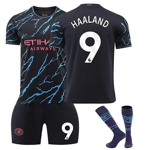 Fotbollströja Barn Haaland #9 Fans Fotbollströja Kit Hemma Match Barn Pojkar Tröja Sportkläder Tröja + Shorts + Strumpor-Xin{ee]