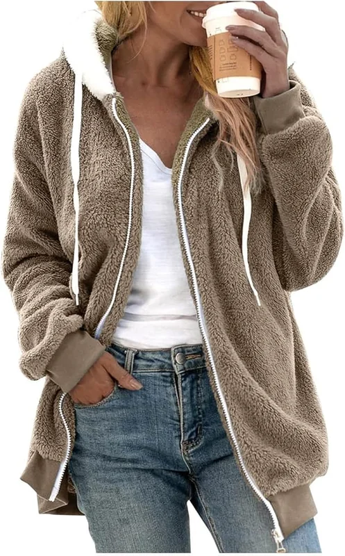 Huva jacka dam teddy fleece kappa övergångsjacka med huva med fickor dragkedja höst vinter plysch jacka fleece jacka vinter 3XL D Khaki