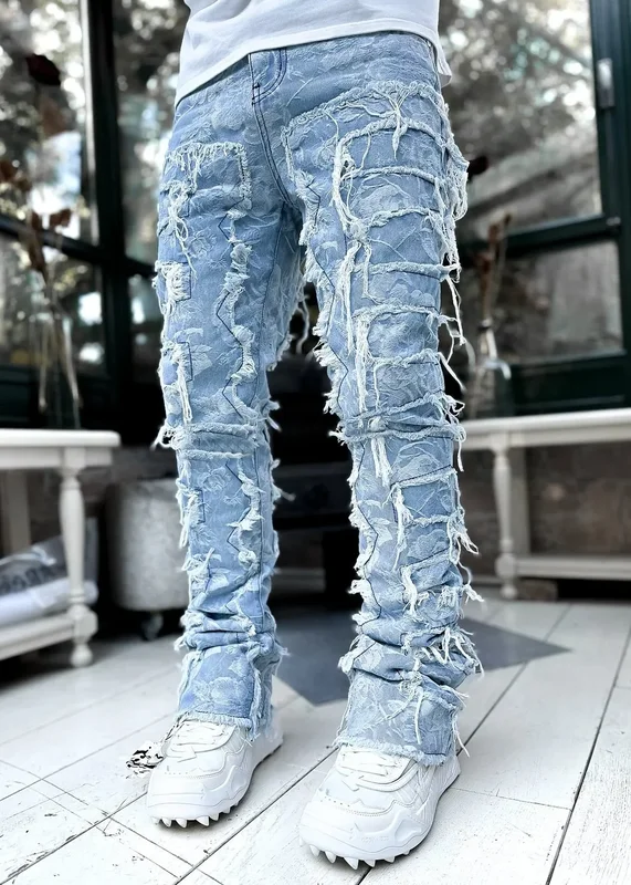 AliExpress - Herren Regular Fit Stacked Jeans Ripped Slim Fit Patch Distressed Destroyed Straight Denim Hosen Hip Hop Streetwear Hosenstoff