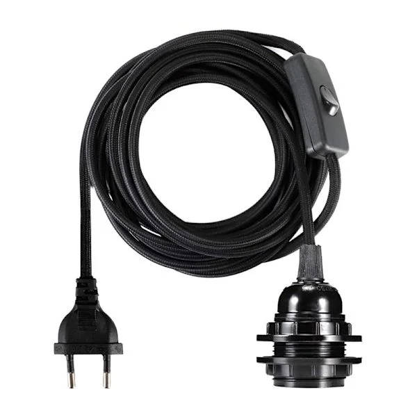 Taklampe med ledning, E27 Skrusokkel med Strømbryter, Opphengt & Låsering for Lampeskjerm, 2-leder Forlengelseskabel EU-kontakt (3.5m, Svart)