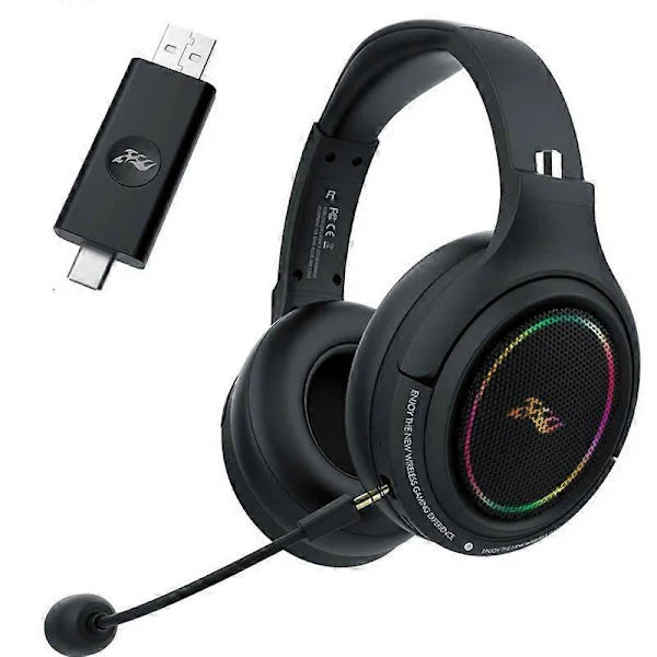 Trådløst Bluetooth Gaming Headset USB-A og USB-C med Avtakbar Mikrofon for PC PS4 PS5, 2.4G Trådløse RGB Lys Hodetelefoner med Mikrofon for Laptop