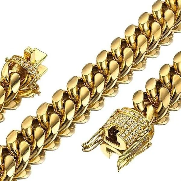 Herr Miami Cuban Link Chain i 18K guld 15mm rostfritt stål med CZ diamant choker (20,0 tommer)