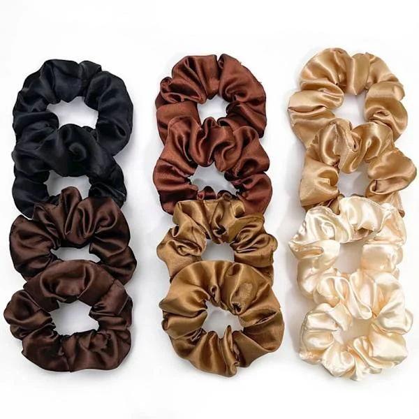 12 stk. satengsilke-scrunchies, hårstrikker, hårbånd, sløyfebånd, elastiske armbånd, hårtilbehør for kvinner/jenter