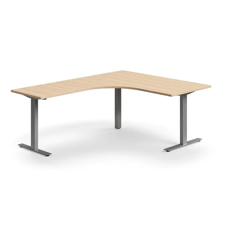 Desk QBUS, L-shaped, 1600x2000 mm, T-frame, silver frame, oak